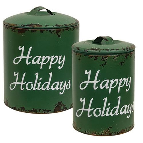 Distressed Green Metal Happy Holidays Containers Set of2