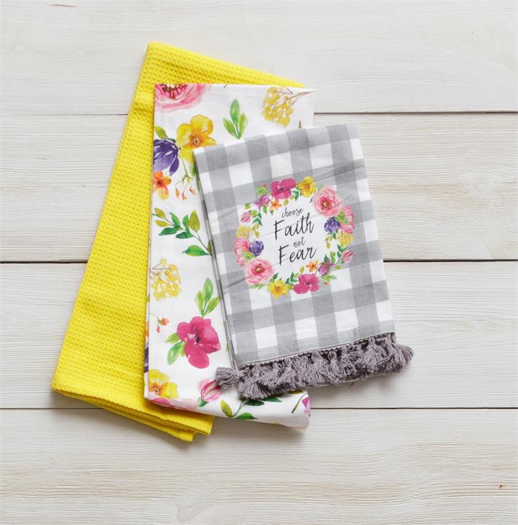Set of 3 Choose Faith Not Fear Floral Tea Towels