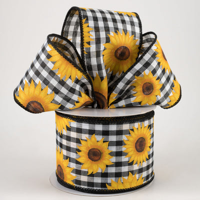 💙 Sunflowers on Black & White Gingham Ribbon 2.5" x 10 yards
