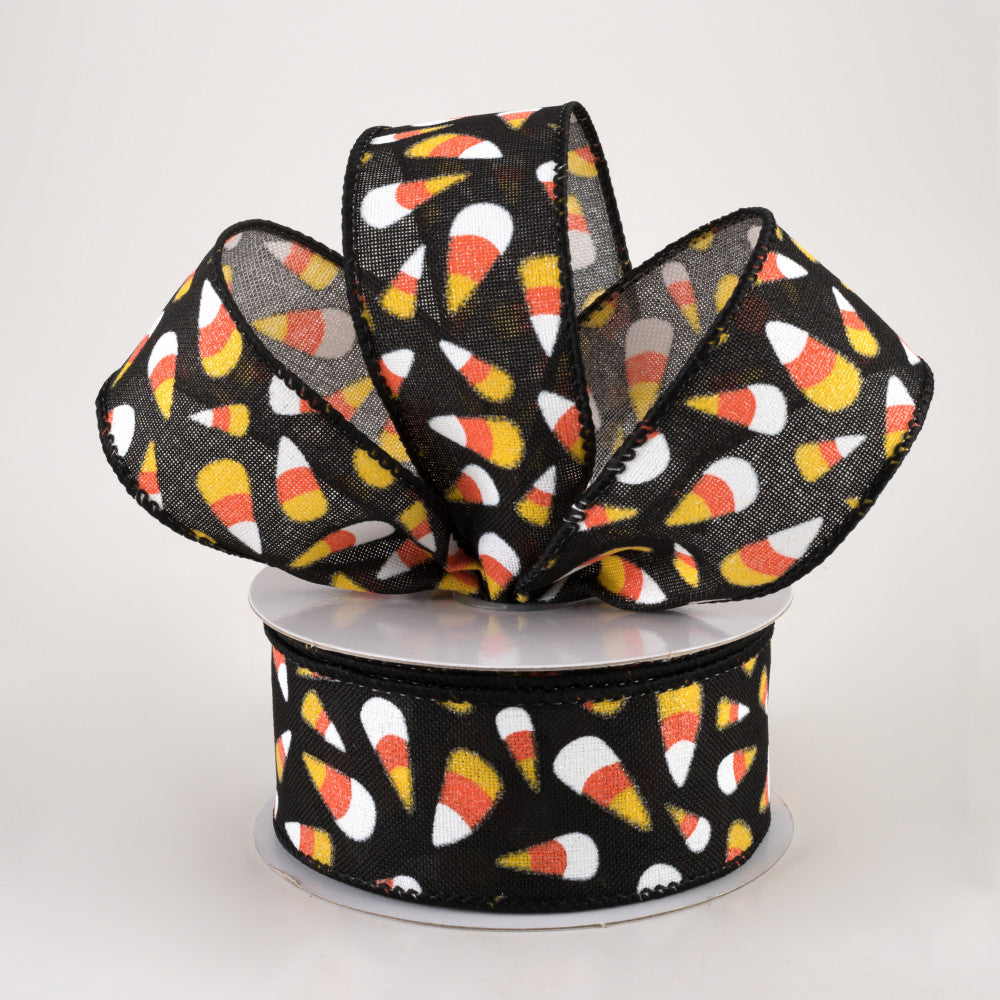 Corn Ribbons Glittered Candy Corn on Black Wired Ribbon 1.5