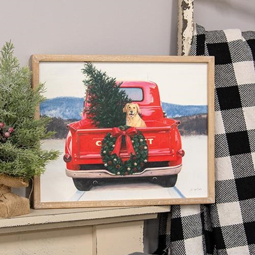 Golden Dog in Christmas Truck Wood Sign