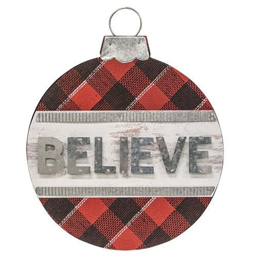Plaid Believe Ornament Shaped Christmas Sign
