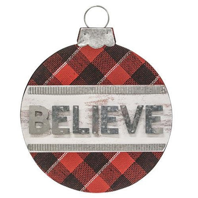 💙 Plaid Believe Ornament Shaped Christmas Sign