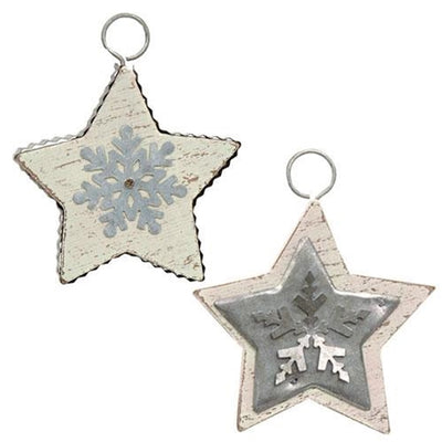 💙 Set of 2 Galvanized Metal & Wood Star Shaped Ornaments