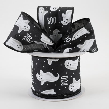 Boo Ghosts on Black Background Ribbon 2.5" x 10 yards