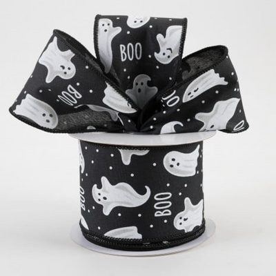 Boo Ghosts on Black Background Ribbon 2.5" x 10 yards