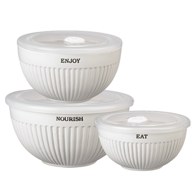 Set of 3 Nourish Enjoy Eat Ceramic Bowls with Lids