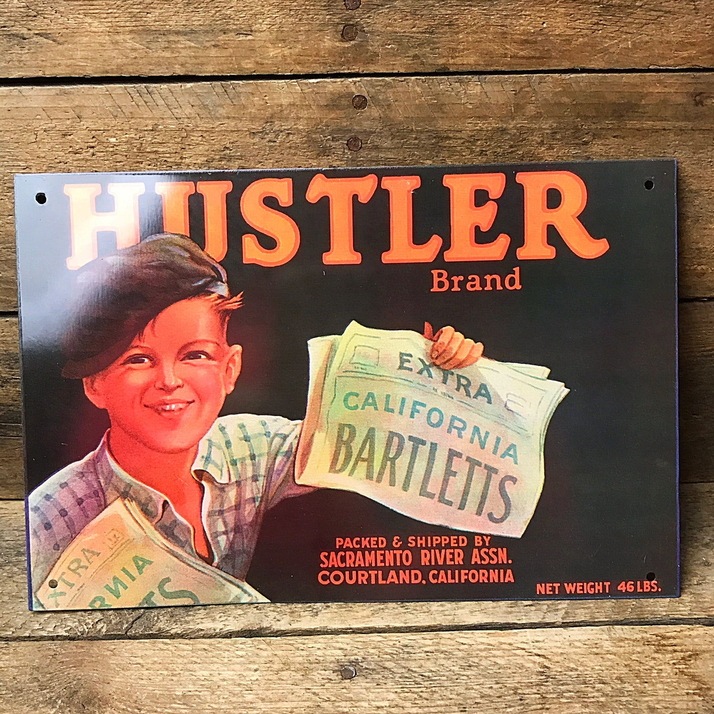 Hustler California Bartlett Pears - Nostalgic Newspaper Boy Tin Sign