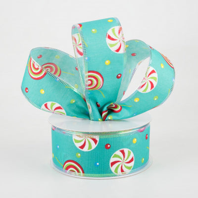 HAPPY BIRTHDAY🎂 💙 Peppermint Swirl Candy Iridescent Edge On Teal Ribbon 1.5" x 10 yards