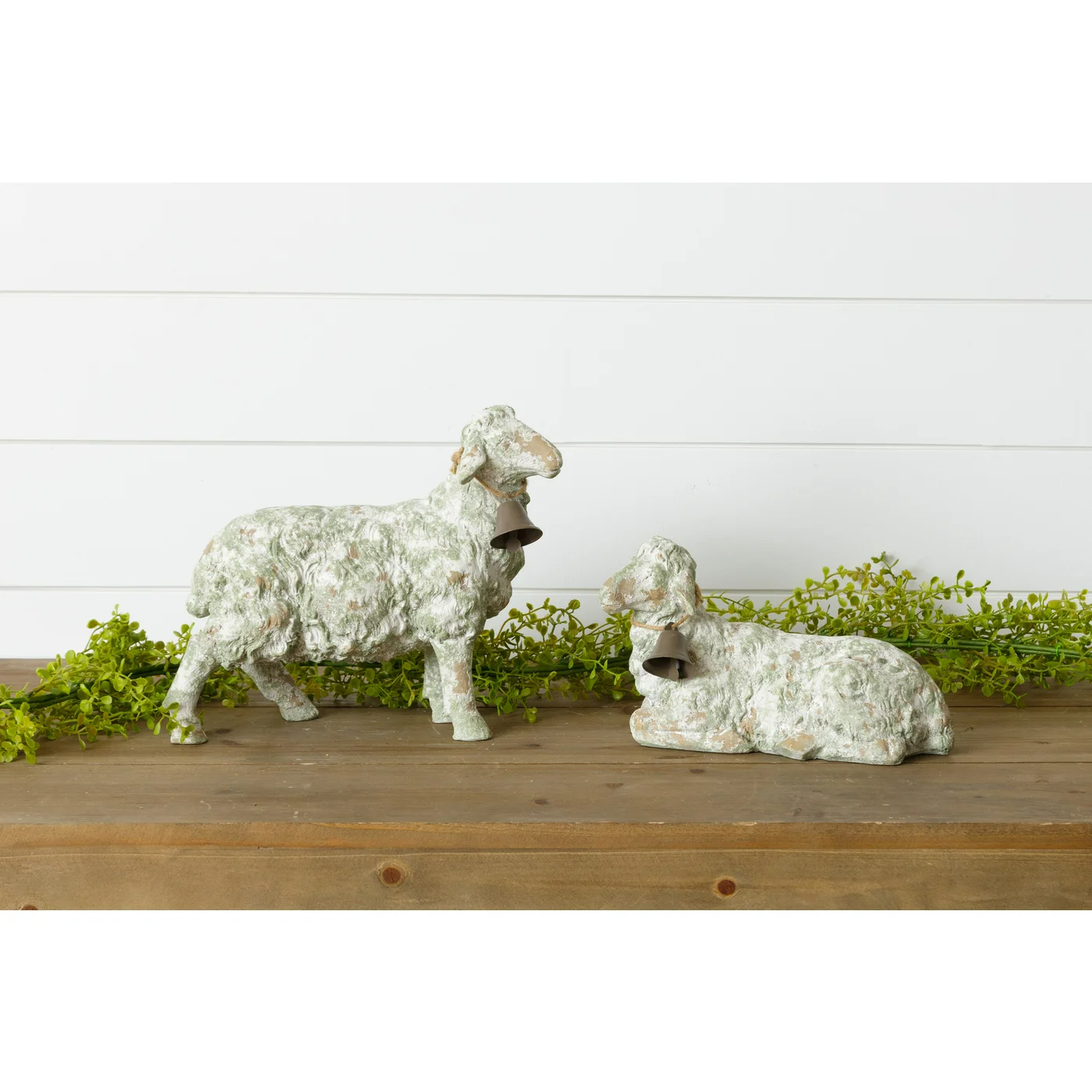 Set of 2 Sheep With Bell Collars Distressed Figures