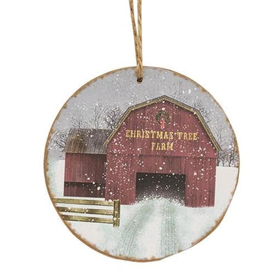 💙 Christmas Tree Farm Barn Christmas Round Ornament