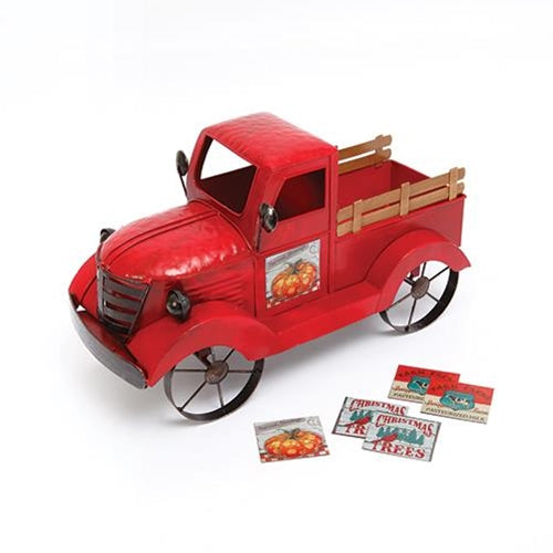 Nostalgic Red Farm Truck with Seasonal Door Signs