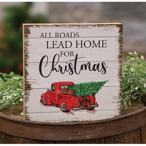 All Roads Lead Home Red Truck 6" Square Block Sign