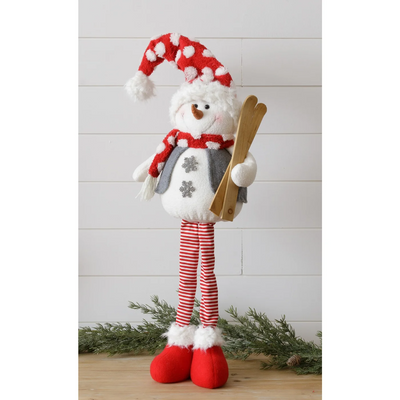 Standing Snowman With Red Polka Dot Hat Holding Skis