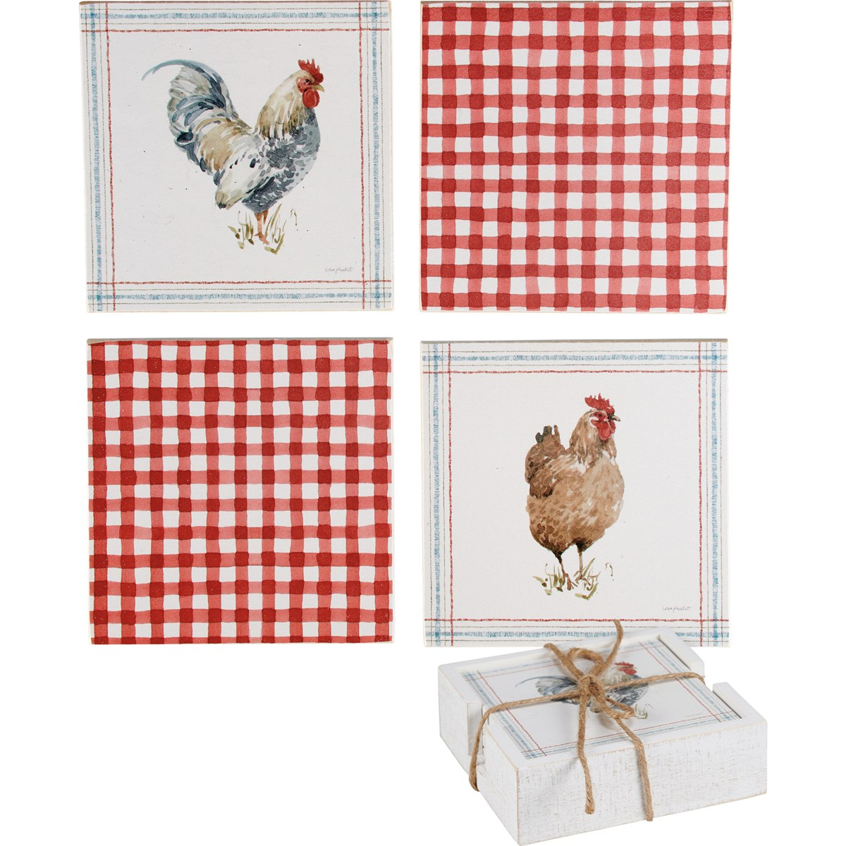 💙 Set of 4 Roosters and Red Gingham Coaster Set