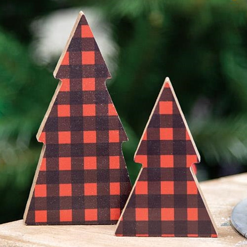 💙 Set of 2 Black & Red Buffalo Plaid Wooden Trees