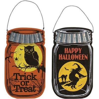 Set of Two Happy Halloween Jar Mini Hanging Signs - Owl and Witch