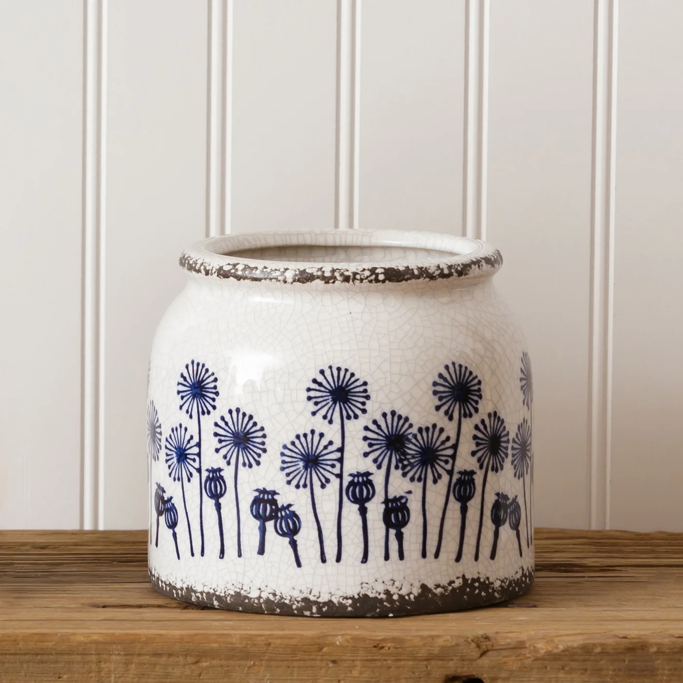 Blue and White Dandelion Pottery Crock 5" H