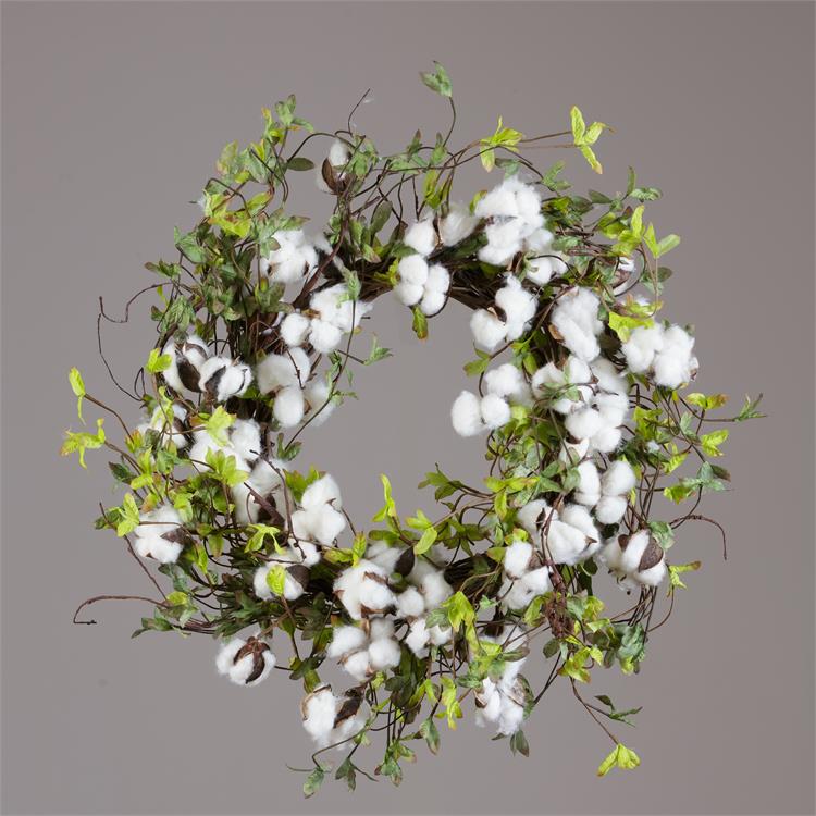 Natural Cotton and Green Leaves 20" Twig Wreath
