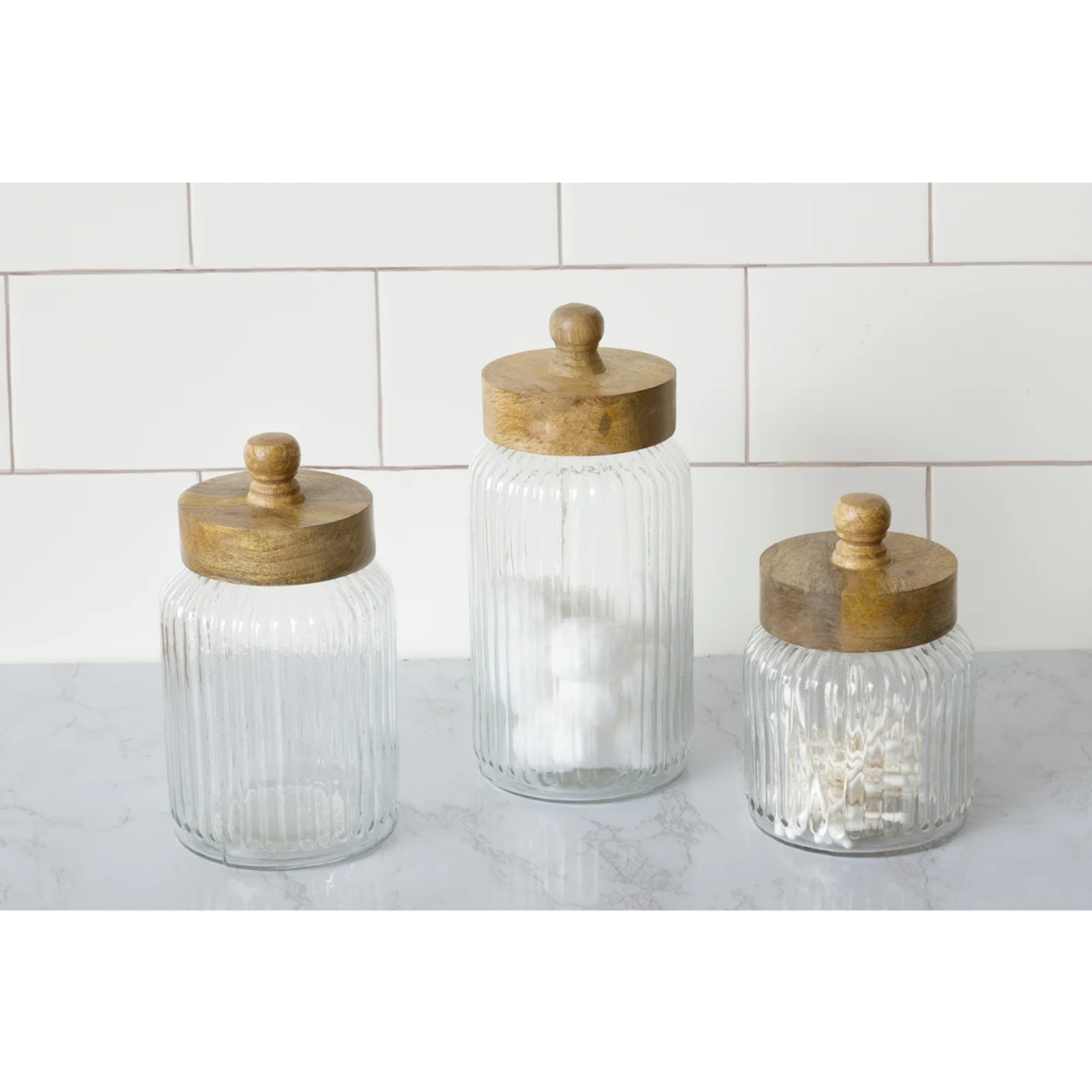 Set of 3 Ribbed Glass With Lids Canister Set