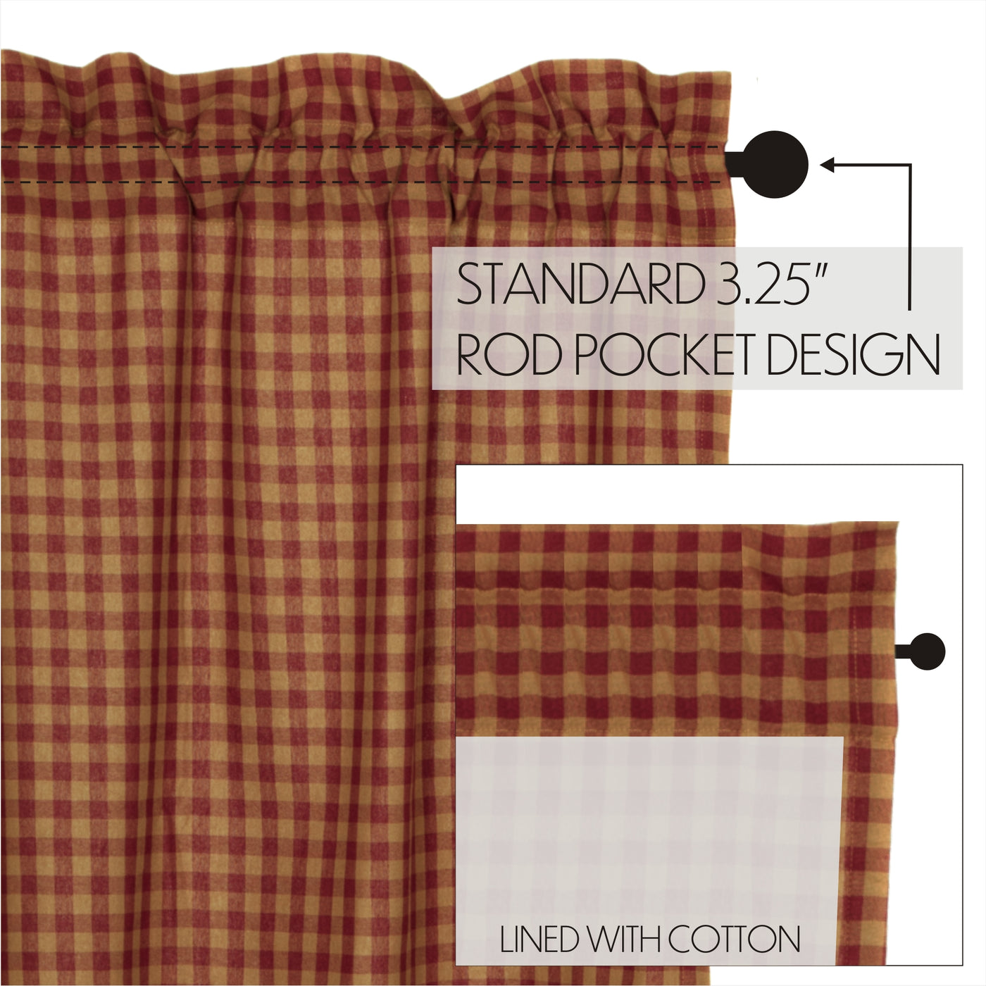 Set of 2 Burgundy Check Scalloped Prairie Short Panel Curtains