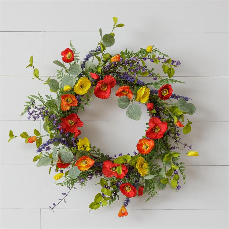 Bright Colored Poppy and Sage 18" Faux Wreath