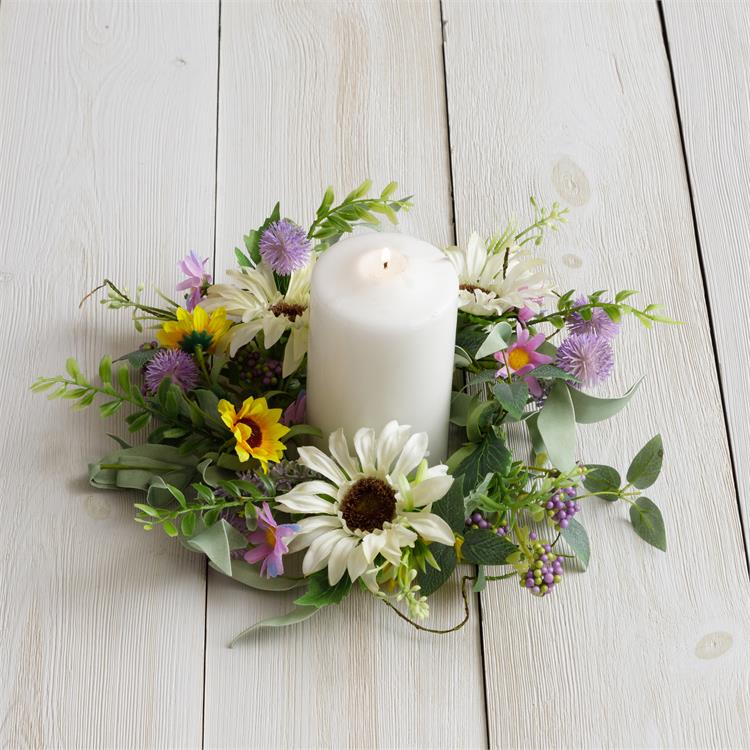 Creamy Daisies and Wildflowers 14" Faux Floral Small Wreath