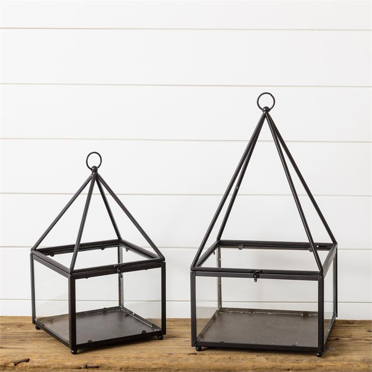 Set of 2 Metal and Glass Terrarium with Triangle Roof