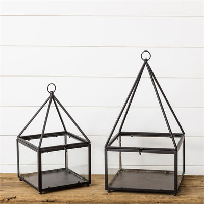 Set of 2 Metal and Glass Terrarium with Triangle Roof
