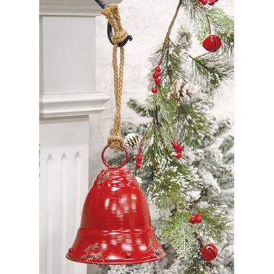 Distressed Red Metal Bell With Jute Hanger 9" H