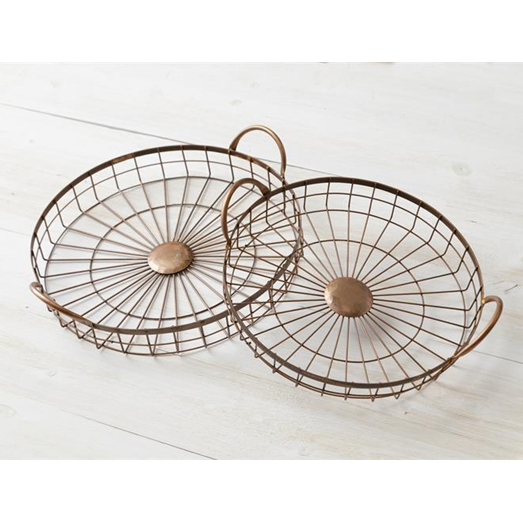 Set of 2 Weathered Copper-Tone Wire Round Trays