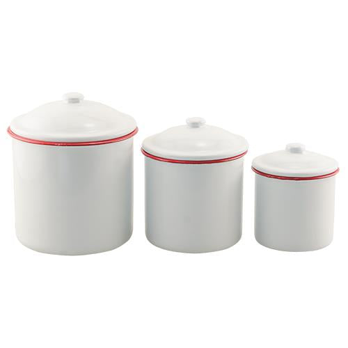 Farmhouse Set of Three Red Rim Enamel Canisters