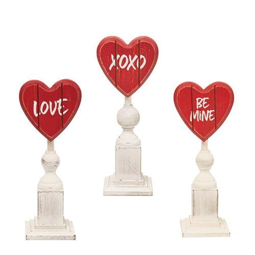 Set of 3 Be Mine Love XOXO Hearts on Rustic Pedestals