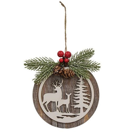 Deer Scene with Pine Spray Round Wooden Ornament