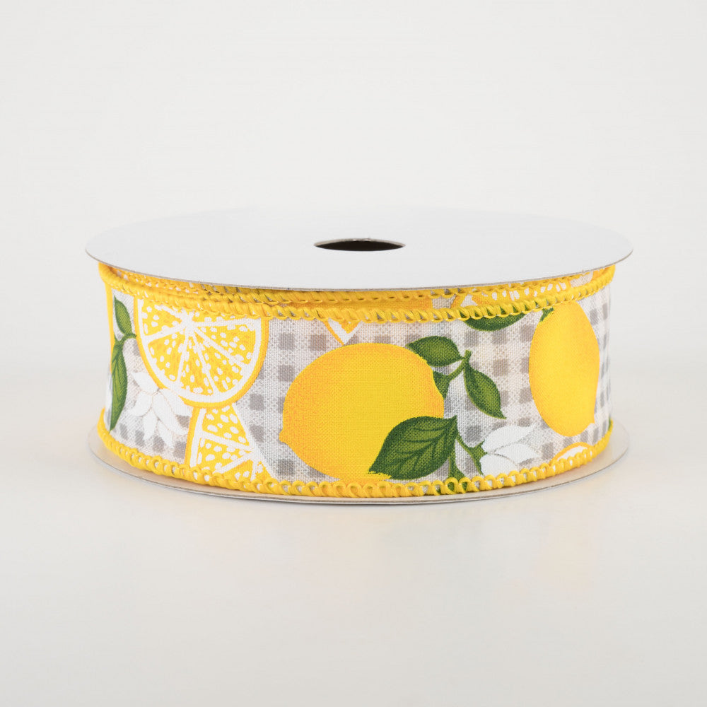 Lemon With Leaves Light Grey Check Ribbon: Light Grey 1.5" x 10 yards