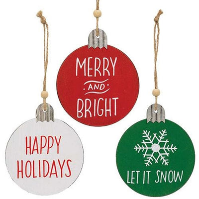 Set of 3 Holiday Sayings Wood Round Ornament, 3 Asstd.