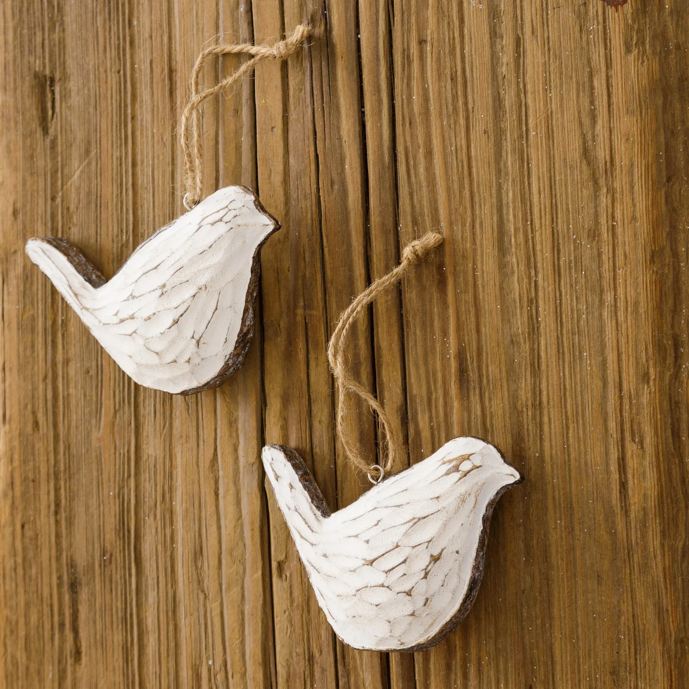 Set of 2 Carved Faux Wood Bird Ornaments