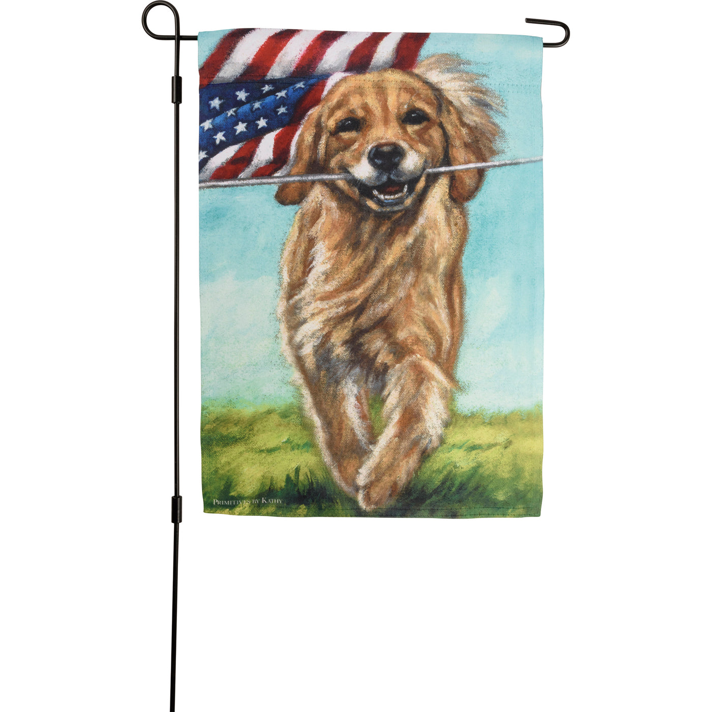 Running Golden Retriever Dog with American Flag Garden Flag