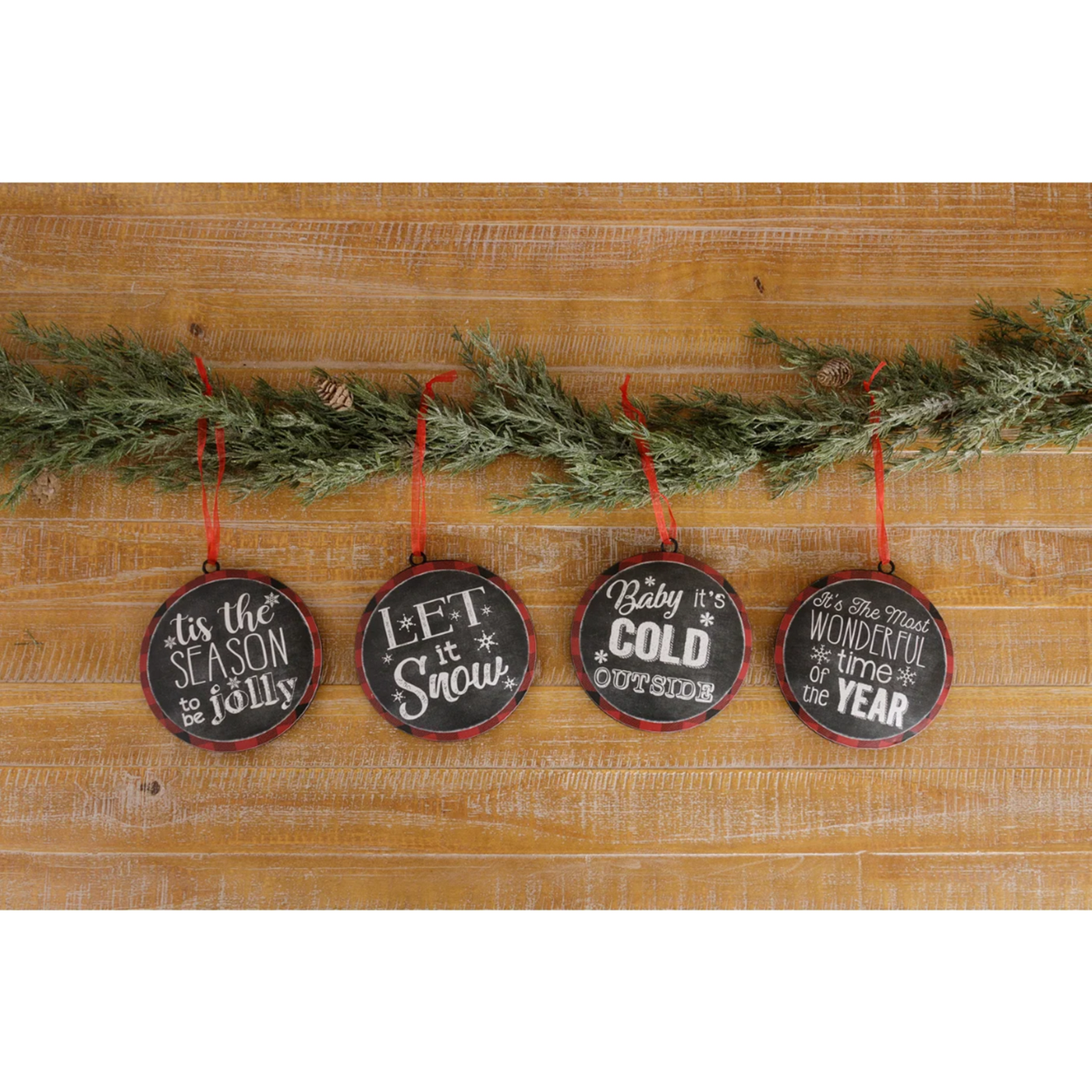Set of 4 Winter Greetings Metal Round Ornaments