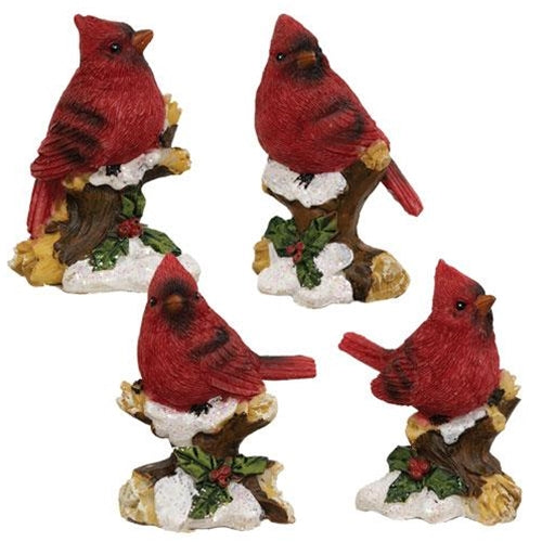 Set of 4 Snowy Cardinals on Branch Figures