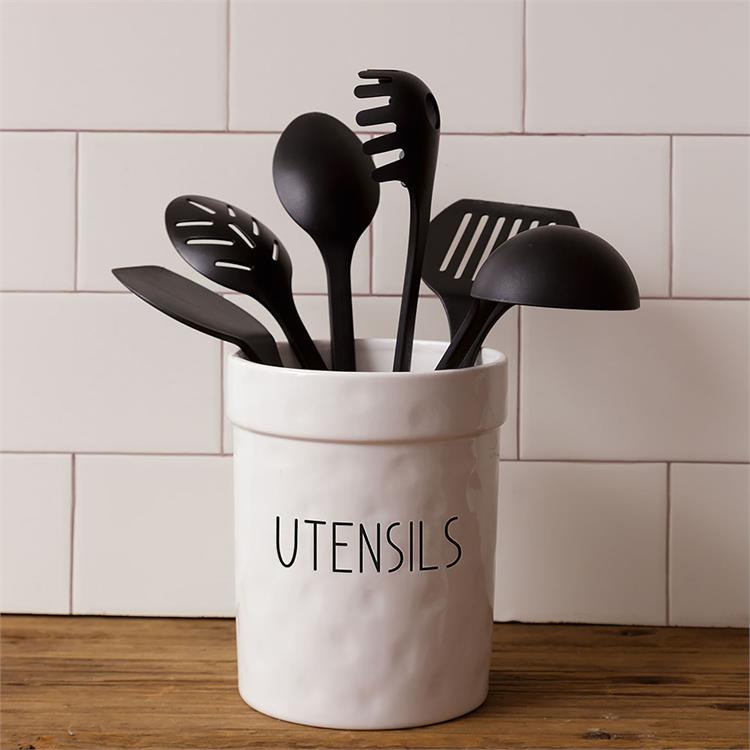 Utensils Ceramic Crock White with Black Letters