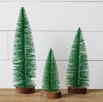 Set of 3 Green Glitter Bottle Brush Trees with Wood Base