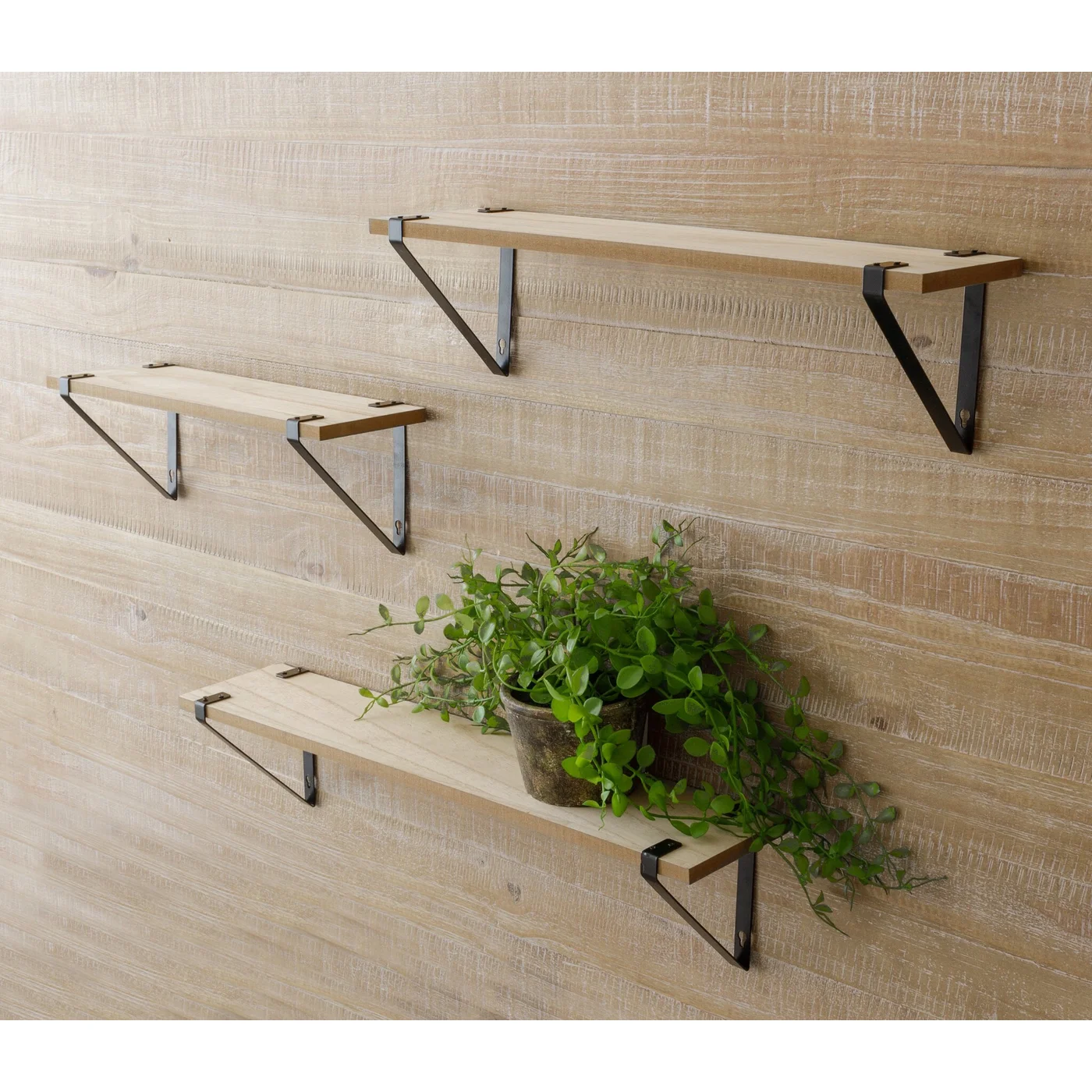 Set of 3 Wood And Metal Wall Shelves Modern Farmhouse