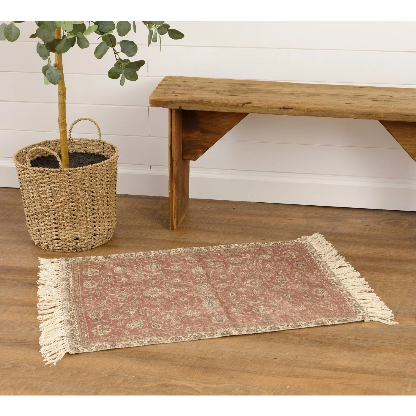Brick Red Antique-Style Printed Throw Rug