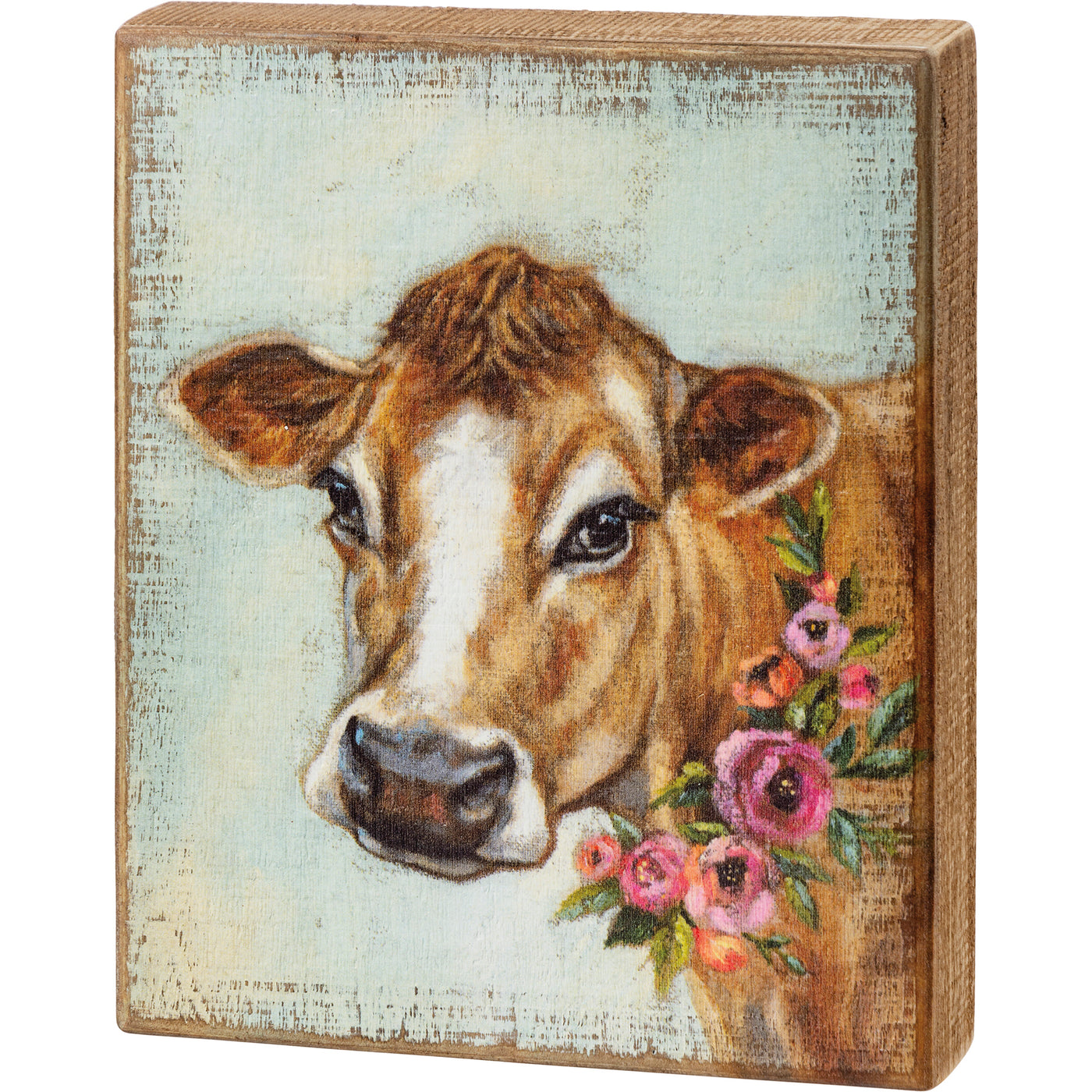 Sweet Brown Cow with Floral Wreath Box Sign