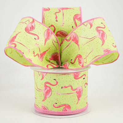 Glitter Flamingos Bright Green & Pink Ribbon 2.5" x 10 yards