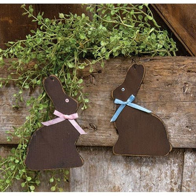 💙 Set of 2 Distressed Wooden Chocolate Bunny Ornaments