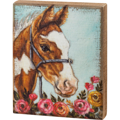 Brown & White Horse with Flowers Box Sign