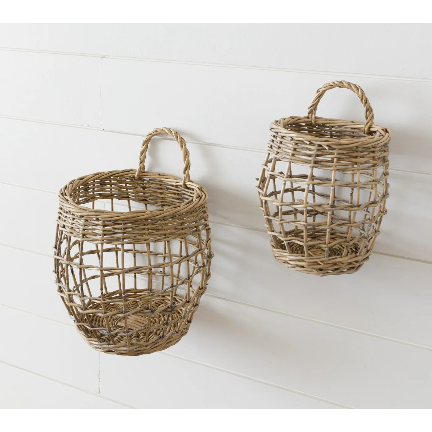 Set of 2 Hanging Open Weave Willow Baskets