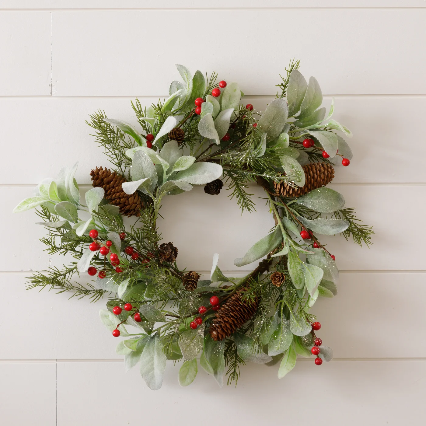 Glittered Lamb Ears Berries And Pinecones 17" Faux Christmas Wreath